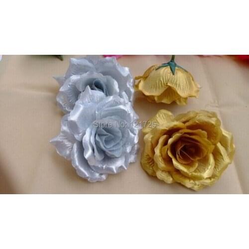 10 cm Artificial flower Silk Rose Heads Wedding Christmas Party gold silver Color Diy Jewlery Brooch Headwear