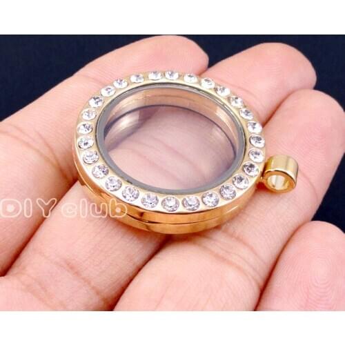 2pcs-KC Gold Round Floating Locket With Rhinestone, Floating Glass Lockets, Memory Lockets For Necklace 30mm