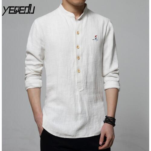 #4462 Spring White/Blue Vintage Embroidery Cotton Linen Shirt Men Mandarin Collar Plus Size 5XL 6XL Mens Shirts Chinese Style