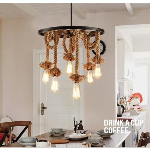 American Retro Wrought Iron Round Wheel Hemp Rope Pendant Lights E27 Edison Bulbs For Cafe Restaurant Bar Dining Room Droplight