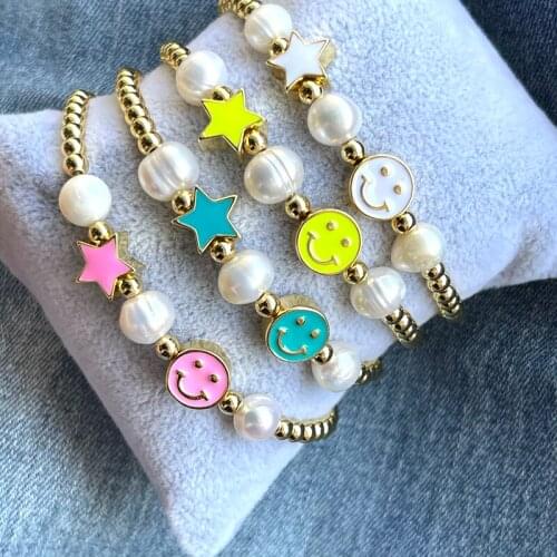 5Pcs Enamel Star Smiley Face Charm Pearl Bracelet For Woman Pearl Gold Beads Macrame Bracelet Woman Fashion Jewelry