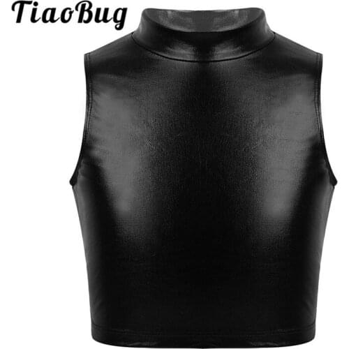 TiaoBug Kids Teens Sleeveless Turtleneck Metallic Crop Tops Children Girls Performance Gymnastics Ballet Sports Dance Costumes