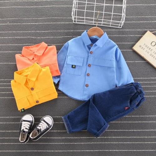 Childrens Clothing Suit 2021 Spring Autumn Baby Boys Solid Long Sleeve Shirt +Denim Pants 2-Piece Toddler Girls Fashion Clothes
