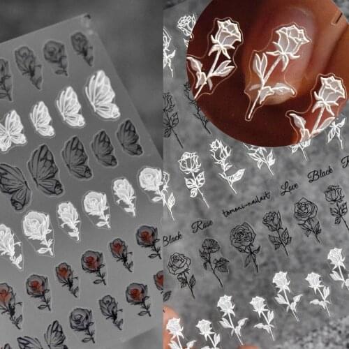 Classic Rose Stickers Decals Black Butterfly Nail Art Decorations Foil For Manicure Flowers Nail Sticker Manicure Accessories