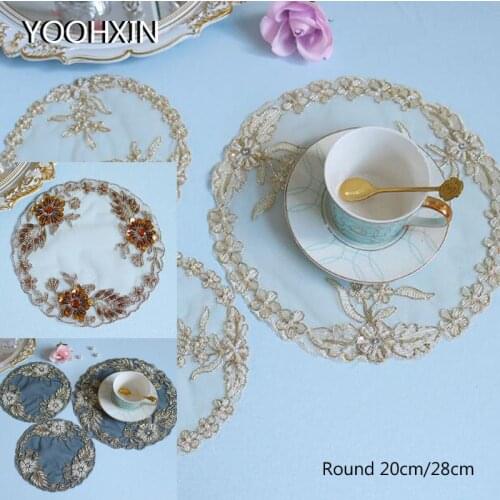 Luxury Round gold bead Lace embroidery placemat cup coaster tea mug kitchen drink table place mat cloth doily dining wedding pad