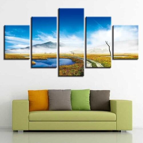 Wall Art Canvas Painting 5 Pieces Mountain Bridge HD Prints Poster Framework Marsh Natural Landscape Pictures Modular Home Decor