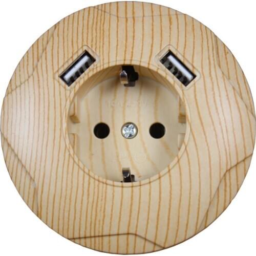 USB Wall Socket Free shipping round design Double USB Port 5V 2A Usb wood tree color prise electrique steckdose C001