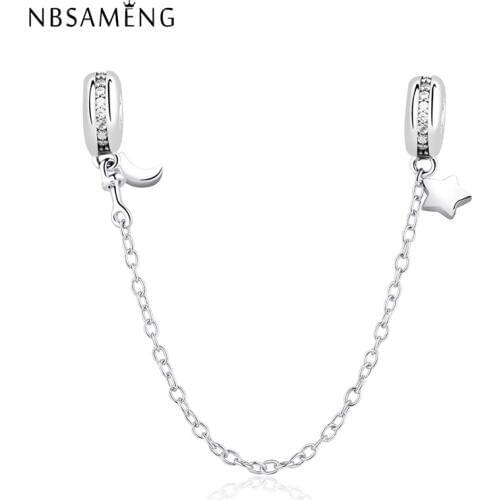 NBSAMENG 100% 925 Sterling Silver Bead Charm Star Moon Crystal Safety Chain Clip Beads Fit Original Bracelet DIY Jewelry