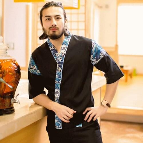 2021 New Unisex Japanese Kimono Overalls Sushi Restaurant Chef Uniforms Cook Workwear Middle Sleeved Sushi Chef Jacket AS512