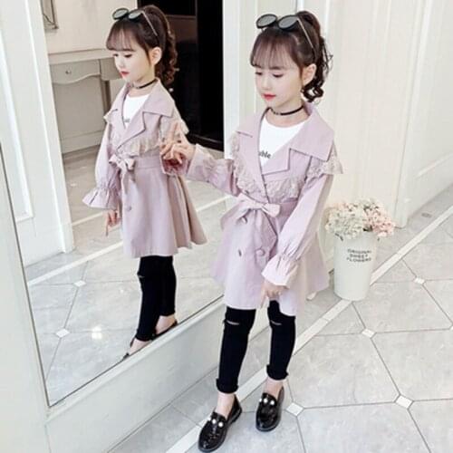 New Spring Fall New Arrival Korean Style Cotton Pure Color Lace Double Breasted Jacket Windbreak Coats for Fashion Baby Girls