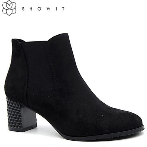Autumn womens ankle boots Flock black Chelsea solid boots Fall casual shoes with thick heels without a fastener ladys footwear