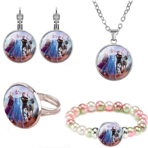 4pcs Disney Elsa anna princess Aishana Birthday baby girl favor Gift Alloy Glass Child Girl Ring Necklace Bracelet Party Gift