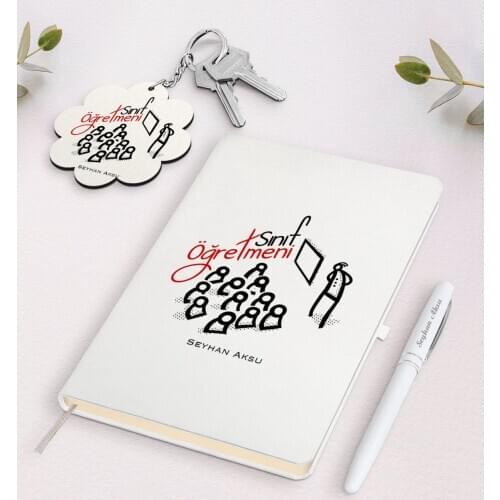 Personalized Class Teacher White Notebook Pen and Keychain Gift Set