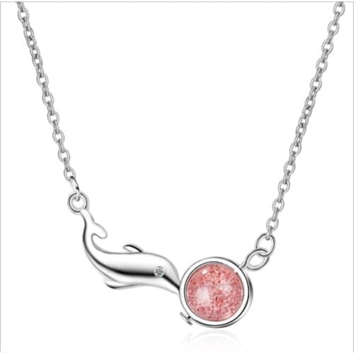 Pink Strawberry Crystal Korean Style Fashion Dolphin Temperament Moonstone Short silver plated Necklace