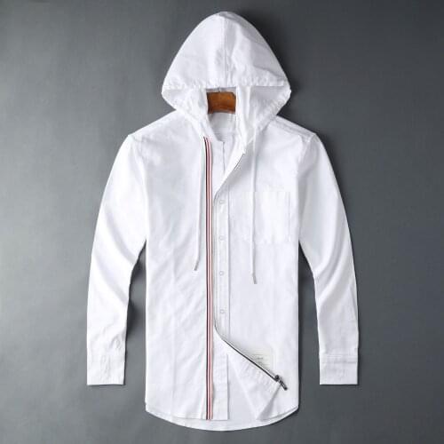 2021 Fashion Brand Shirts Men Slim White Long Sleeve Casual Hooded Shirt Oxford Striped Fabric Solid Mens Clothing