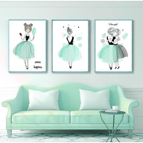 Hand-Painted Girl Nordic Ins Style Decorative Painting Childrens Room Girls Heart Painting Wall Poster Mural Wall Picture