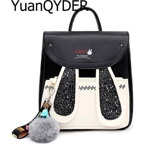 Fashion Womens Leather Backpack Female Designer Brand Cute Bunny Ears Tassel Schoolbag for Girls Light Ladies Travel Backpacks