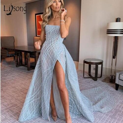 Sexy Luxury Baby Blue Mermaid Prom Dresses With Detachable Train High Side Split Sequined Lace Long Prom Gowns Formal Dress