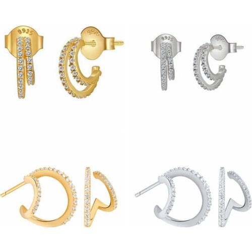 925 Sterling Silver Ear Needle Geometric C Shape Earrings Crystal Double C Stud Earrings for Women Simple Fashion Jewelry