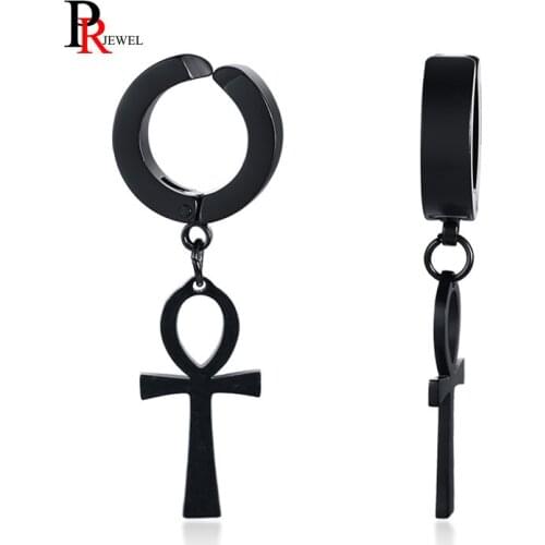 Ankh Cross Earrings for Men Black Silver Color Stainless Steel Ear Clip Style arete Male Accessories