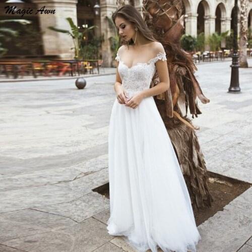 Magic Awn Chic Boho Wedding Dresses Lace Appliques Sheer Scoop Princess Beach Tulle Bridal Gowns Cap Sleeve A-Line Vestidos Boda