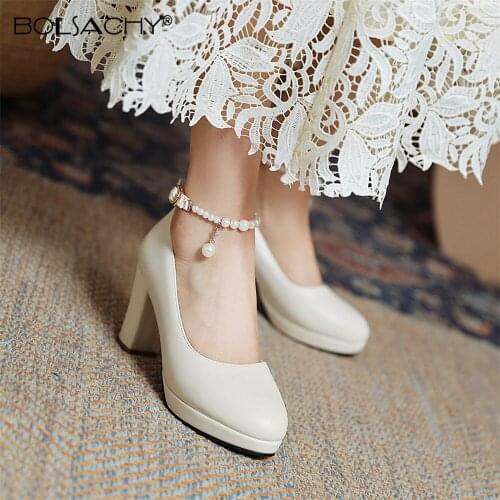 High heels Pumps Platform Beaded Ankle strap Casual Women High Quality Dance Party Wedding Pumps Large size 31-43 Beige Black
