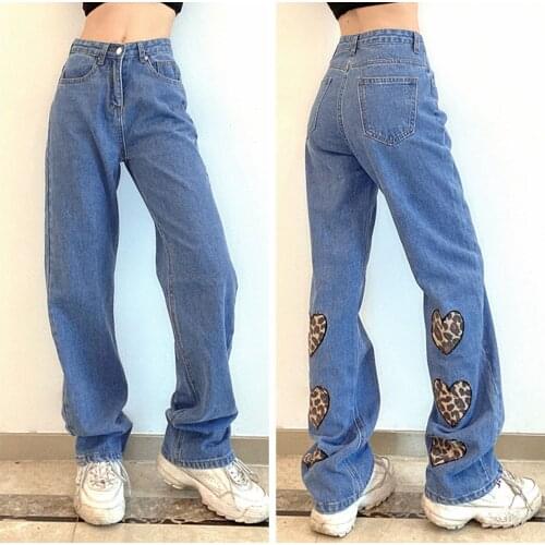 2021 New Women Wide Leg Jeans, Casual High Waist Heart Shaped Leopard Print Loose Denim Pants Fashion All-match