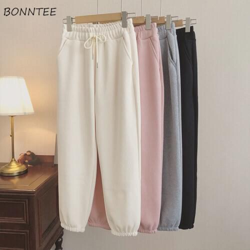 Women Casual Pants Winter Thicken High Waist Drawstring Harem Trousers Loose Simple Leisure Korean Style Teens All-match Chic