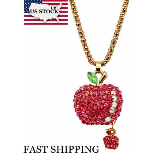US STOCK Uloveido Women Hot Pink Bling Crystal Rhinestone Apple Pendant Sweater Chain Long Necklace Christmas Decoration YS856