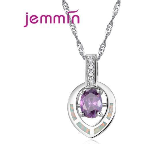 White Opal Necklace With Purple Crystal 925 Sterling Silver Necklaces Pendants For Women Geometric Statement Best Gift