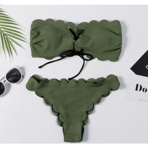 Army Green Bandeau Bikini 2019 Floral Swimwear Swimsuit Brazilian Biquini Sexy Ties Bikinis Set Bathing Suit Maillot De Bain