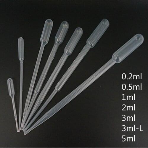 Free shipping 500pcs Plastic Pasteur Pipet 0.2ml/0.5ml/1ml/2ml/3ml/3ml-L/5ml disposable plastic dropperTransfer Pipette