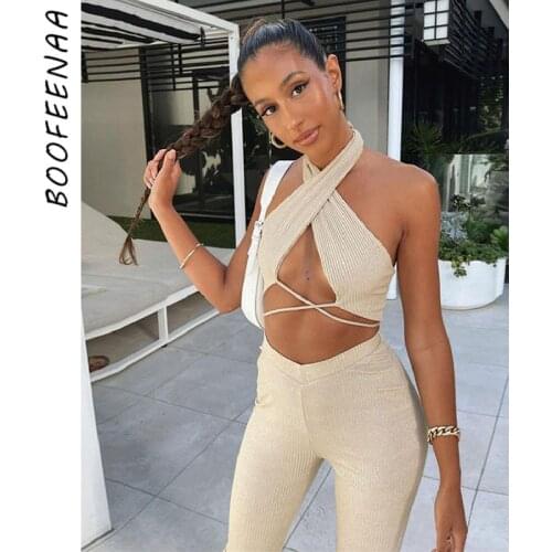 BOOFEENAA Sexy Knit 2 Two Piece Set Cross Halter Crop Top Flare Pants Going Out Night Club Vaction Outfits for Women C83-CH42