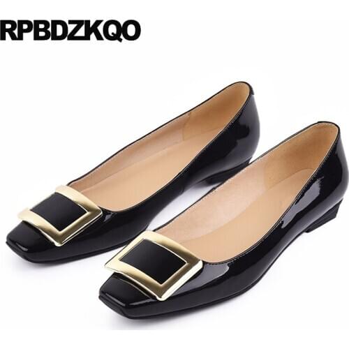 Black slip on square toe ladies patent leather blue italian designer shoes china chinese red genuine women metal flats office
