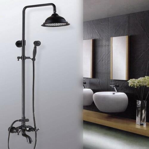 Dual Cross Handles Black Oil Rubbed Brass Rainfall Shower Head Bathtub Faucet Hand Shower Set ahg046