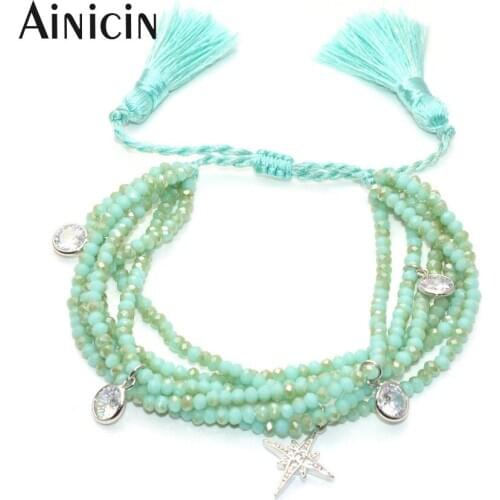 New Arrival Green Color Fashion Tassel Jewelry Faceted Shine Crystal Glass Star Heart Chrams Adjustable Bracelets Gift 12pcs/lot