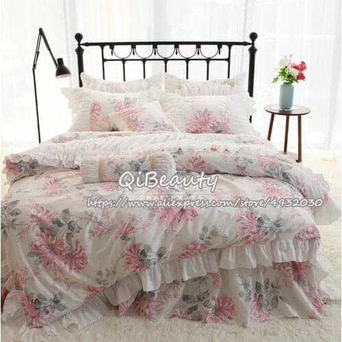 New arrival luxurious and elegant Nordic princess wind pink flower stamen hand pleated ruffled cotton cotton bedding quilt cover