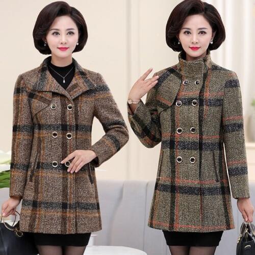 SWREDMI Autumn Plaid Wool Coat Women Mother Middle Long Stand Collar Coat Plus Size 4XL Middle-aged Jacket For Winter