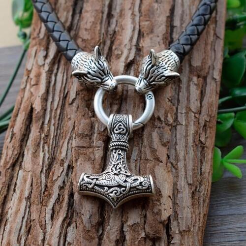 SanLan Viking Wolf Head With Thors Hammer Mjolnir Scandinavian Wolf Pendant NECKLACE
