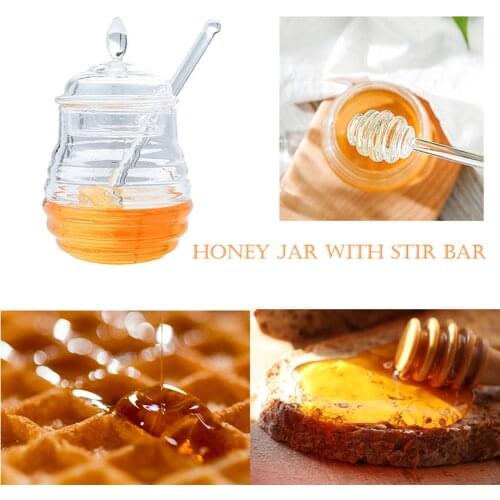 Transparent Beehive Shaped Honey Jar with Dipper Stick Lid Glass Kitchen Honey Pot Seasoning Juice Bottle Container Gadget 245ml