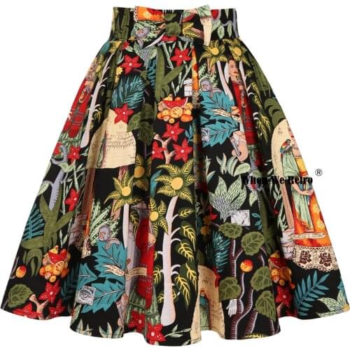 New Design Floral Print Cotton Retro Vintage Skirt SS0012 Plus Size Jupe High Waist Midi Black Pleated Skirt with Pockets