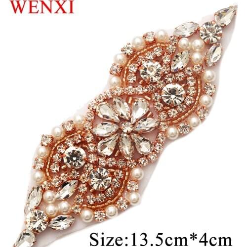 WENXI (30 pcs) Wholesale Rhinestones Appliques Sew On For Bridal Dress Sash Clear Rose Gold Crystal DIY Bridal Sash