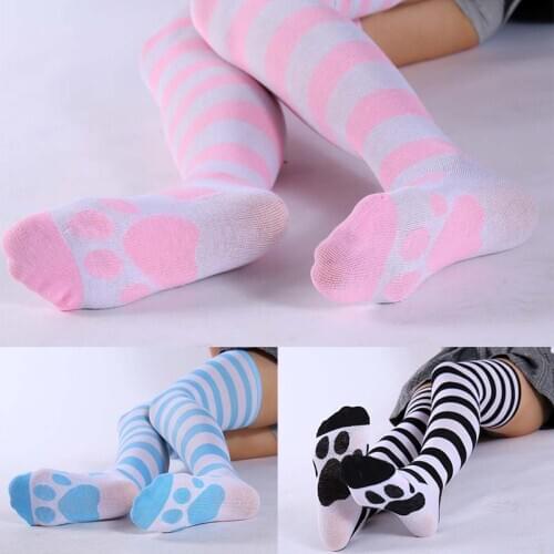 Women Girls Japanese Anime Over The Knee Long Socks Kawaii Cute Cartoon Cat Paw Striped Print Thigh High Stockings Cos Costume