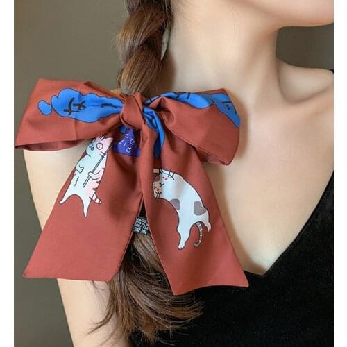 Luna&Dolphin Spring Women Long Skinny Scarf 100x7cm Japanese Cat Print Cut Chiffon Silky Tie Ribbon Headbands Choker Streamer
