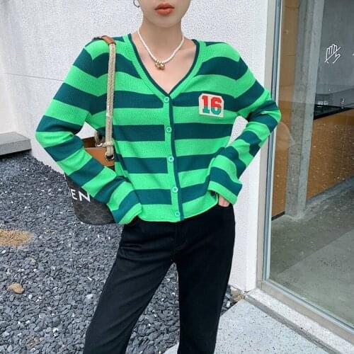 Autumn retro contrast color striped labeling v-neck knitted cardigan jacket women spring and autumn outer long-sleeved thin top