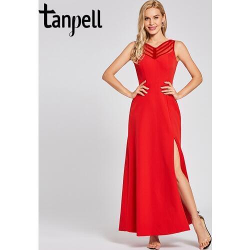Tanpell split front evening dress elegant red sleeveless floor length a line gown lady wedding party formal long evening dresses