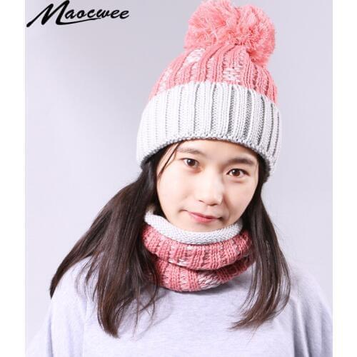 Winter Beanie Hat Ring Scarf Set With Lining For Women Men Solid Color Knitted Warm Plus Velvet Thicken Pompon Hedging Cap Sets