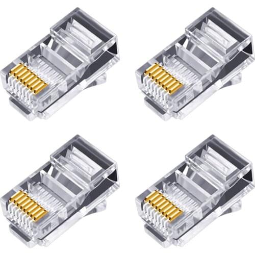 100Pcs RJ45 Connector 6U Gold Plated Pass Through Ethernet Cables Module Plug Network RJ-45 Crystal Heads Cat5 Cat5E