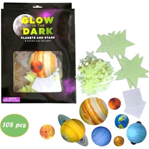 108 Pcs Glow Stars and Planets Bright Solar System Luminous Wall Stickers Ceiling Home Decals for Kids Bedroom Christmas Gift