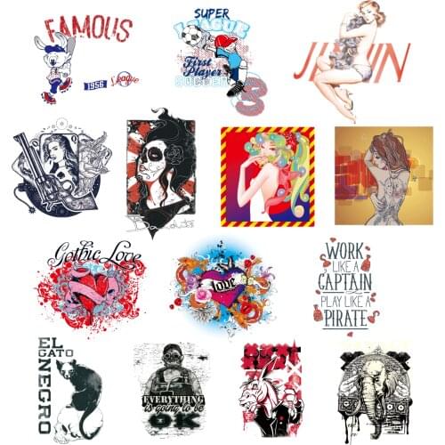 14PCS Punk Fashion Style Heat Sensitive Patches Iron on Applique Tattoo Girls Animal Thermal Transfer Stickers Diy Accessories